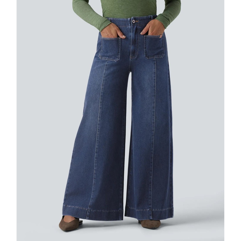 Halara Flex Denim Wide Leg Pants Women's Large Petite Blue High Rise Stretch NWT